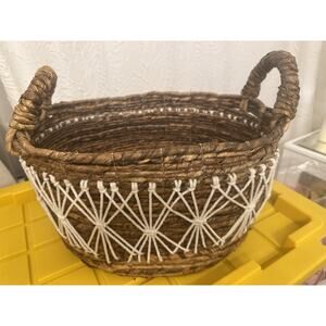Brown Woven Basket White Knit Boho Bohemian Handles Home Decor Storage